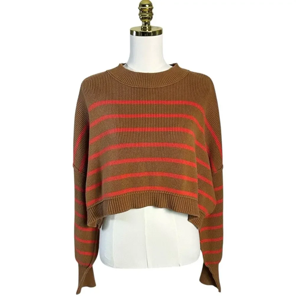 Free People Easy Street Stripe Crop Pullover Sweater Brown Orange Medium
